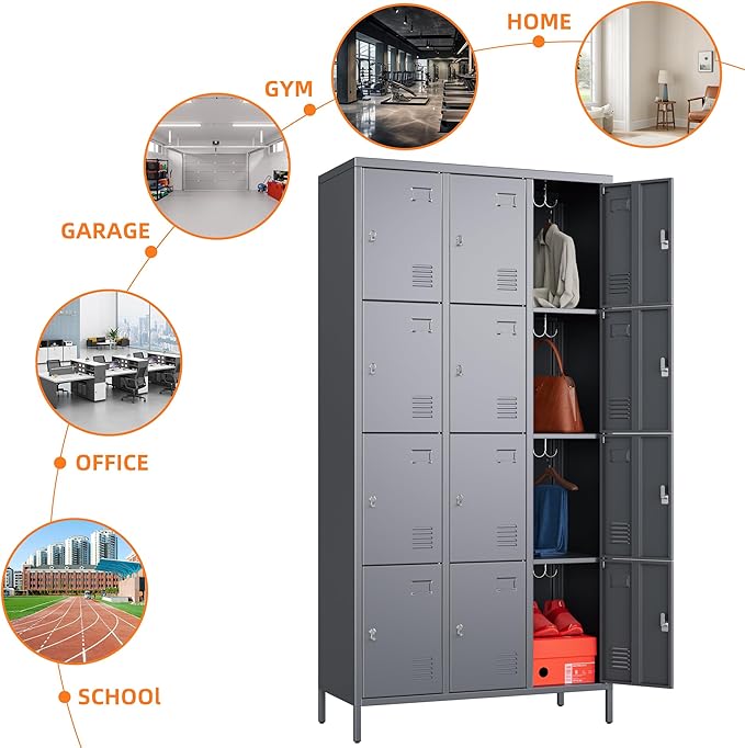 SUPEER Metal Lockers for Employees with 12 Door and 12 Hooks,Metal Storage Locker with Lock for School Office Gym Bedroom,Assembly Required,Dark Grey