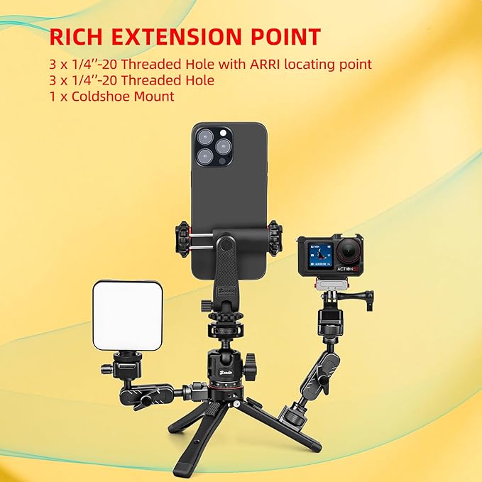 Zeadio Metal Camera Mini Tripod, with 1/4" Screw Ball Head Mount, Adjustable Heights Desktop Vlog Stand for Smooth 4 Osmo Mobile Ronin-S Vimble 2 Gimbal Handle Grip Stabilizer and All Cameras