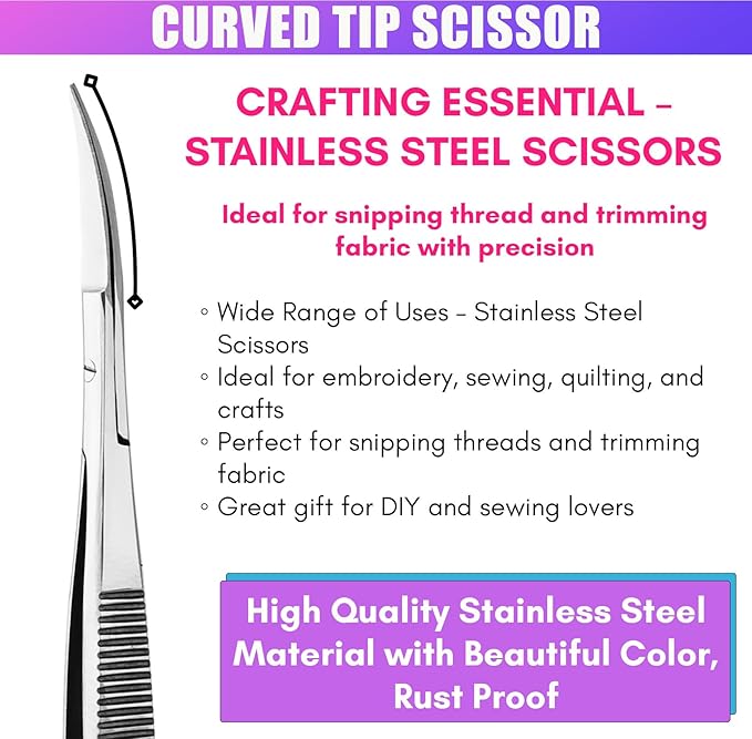 Cross Edge Curved Spring Scissors 5 Inch Stainless Steel Precision Eyebrow & Eyelash Shaping & Trimming Scissor, Snips Squeeze, Embroidery, Knitting Micro Tip Craft Scissors (Silver)