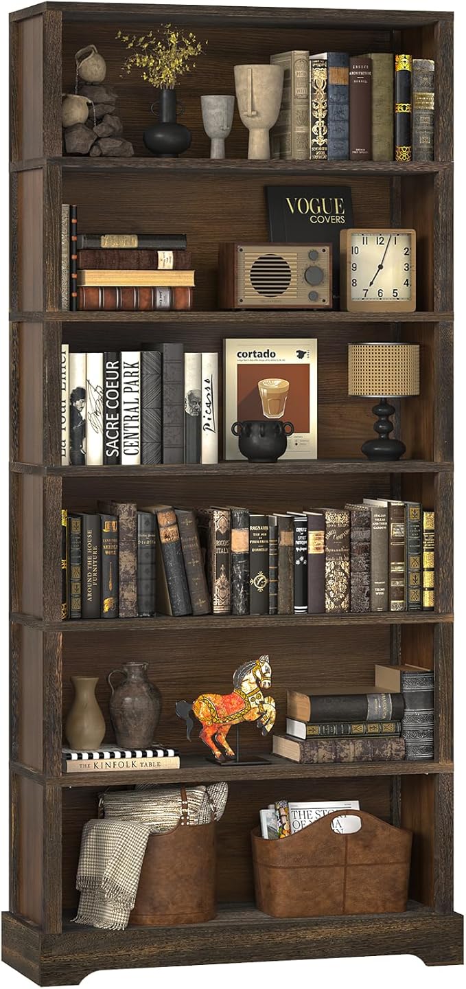 TVU 6-Tier Wooden Book Shelf, Floor-Standing Display Bookcase, 77.2" H x 31.5" W x 11" D Bookshelf, Farmhouse Style Book Case with Arched Base, Suitable for Living Room, Study, Office, Rustic Brown