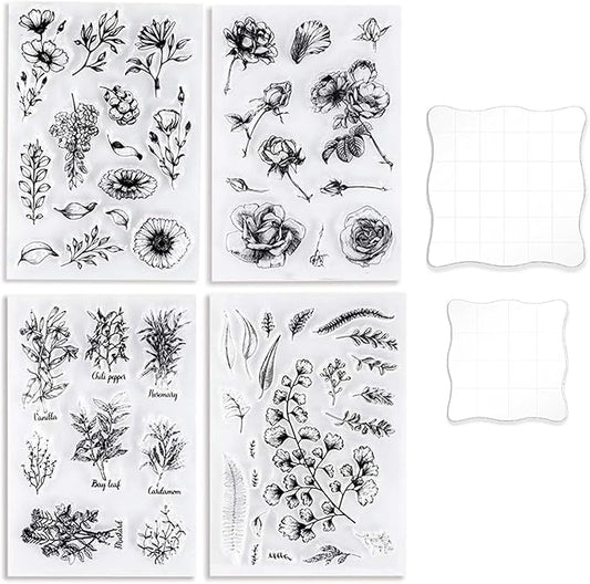 UCEC 4 Sheets Clear Stamps Set for Card Making, 2 Pcs Acrylic Stamp Block (7.5*7.5cm & 5*5cm), Vintage Plants Flowers Rubber Silicone Stamps, Small Clear Stamps for Crafts Decoration DIY Scrapbooking