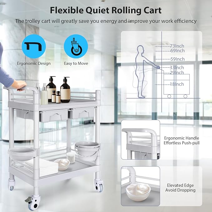 Medical Mobile Trolley Cart 2-Shelf 220 LBS Max Load Rolling Utility Cart Heavy Duty Beauty Salon Storage Cart with Drawers Dirt Buckets Rotate Wheels 2 Brake for Hospital Dental Clinic Home