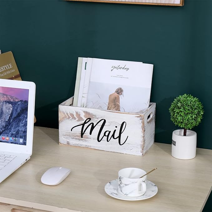 CFYACFY Mail Organizer Countertop Mail and Key Holder for Desk Mail Basket Letter Organizer Caddy Dorm Organizer Rustic Home Decor Mailbox White 5.5*5.5*11.4 Inch