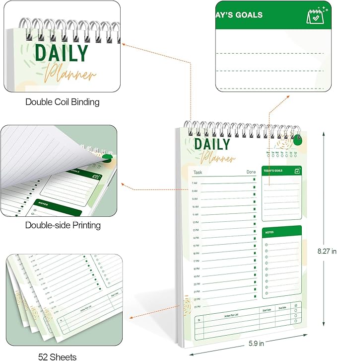 To Do List Notebook Daily Planner A5 CheckList Pad 52 Sheets, 5.9" x 8.2" Daily Schedule Goal and Tasks Setting Notepad Productivity Planner, Spiral Appointment Organizers, A5-LG
