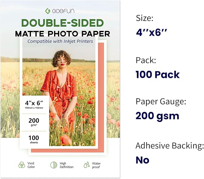 Double Sided Matte Photo Paper 4x6, Goefun 200GSM/54LB Inkjet Printer Paper for Dye Ink and Pigment Ink, 100 Sheets