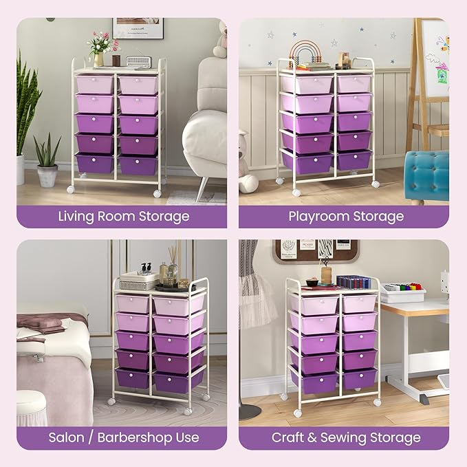 GLACER 10 Drawer Rolling Cart, Storage Cart with Lockable Whieels & Metal Frame, Trolley for Art Craft Oganizer, Mobile Utility Cart for Office, School, Classroom, Kitchen (Purple Gradient)