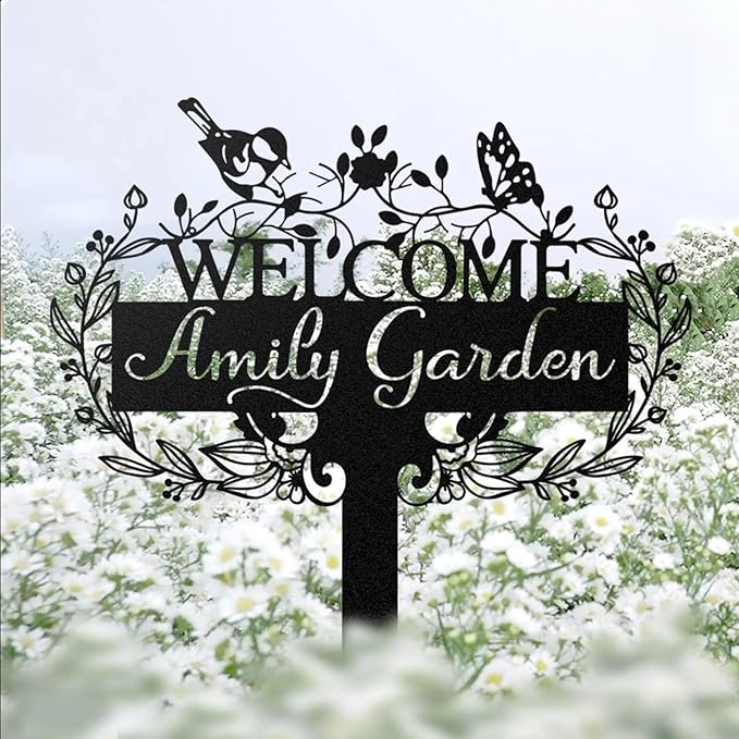 Custom Metal Garden Sign | Customized Butterfly Bird Garden Name Sign | Personalized Garden Signs | Metal Yard Sign Stakes | Personalized Metal Signs for Outdoors | Metal Signs Customized