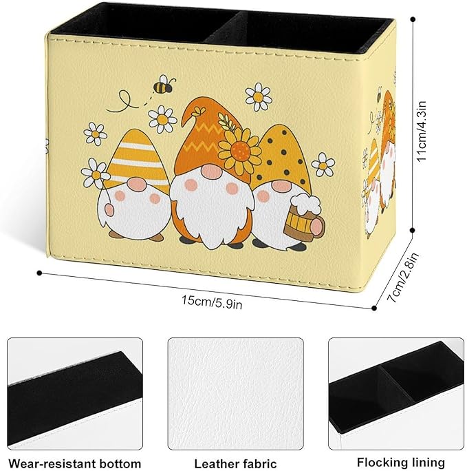 Famame Cute Sunflower Bee Gnomes Pencil Holder for Desk, Leather Desktop Container Pen Cup Storage Study Table Pen Organizer Makeup Brushes Holder for Office Home