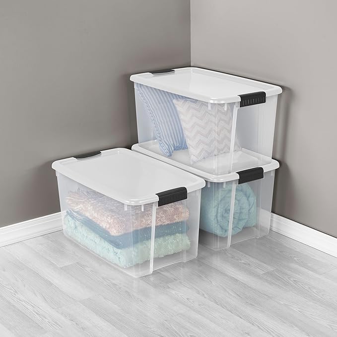Sterilite 8 Pack Ultra Latching Box, Storage Bins with Lids, Clear Plastic, 70 Quart - Heavy-Duty Organizing Containers for Closet, Bathroom, and Office