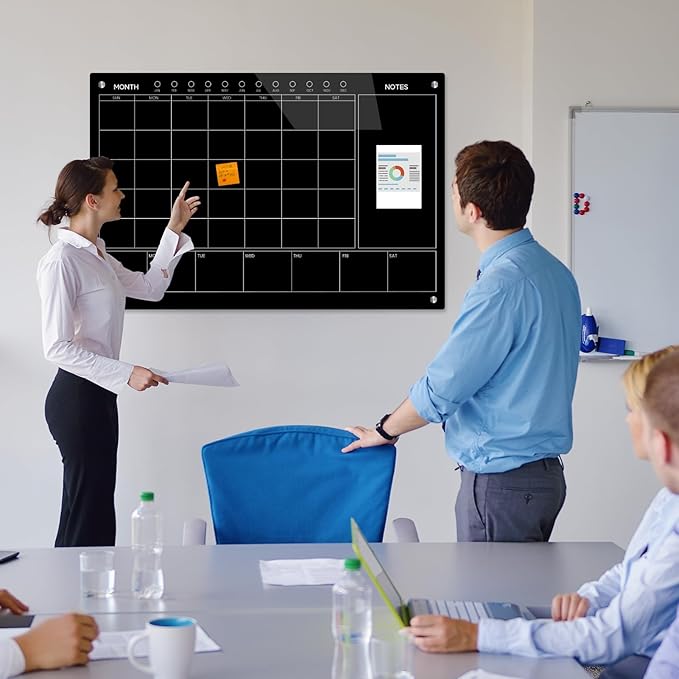 JYYPWB Magnetic Glass Whiteboard 36X24 Monthly Planner Calendar Dry Erase Board for Home, School, Office, Frameless, with Markers, Marker Tray, Eraser, Magnets (Black)