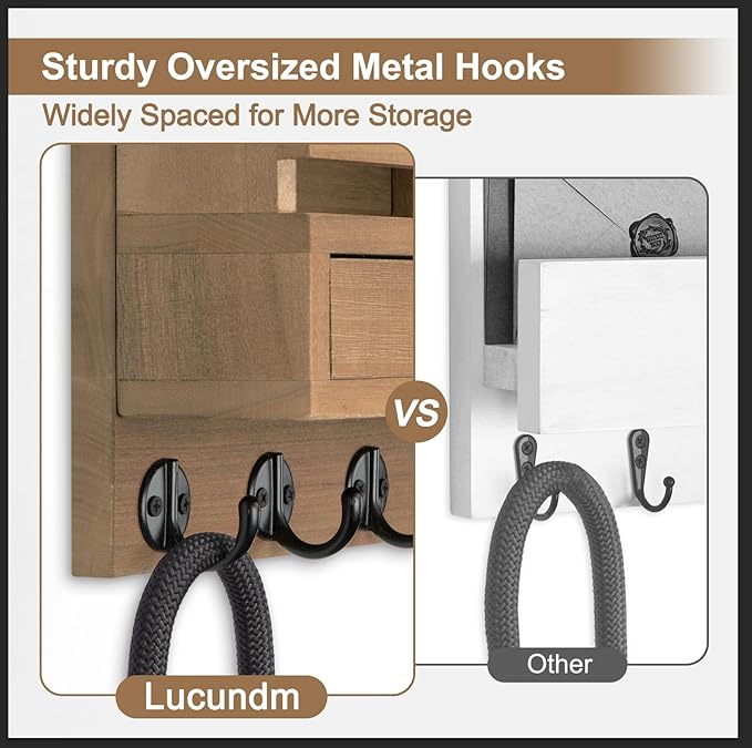 Lucundm Key Holder Wall Mount, Mail Holder with Storage Drawer and 5 Key Hooks for Coat, Dog Leash, Home Decor Rack, House Accessories, Entry Way Organizer (Light Brown)