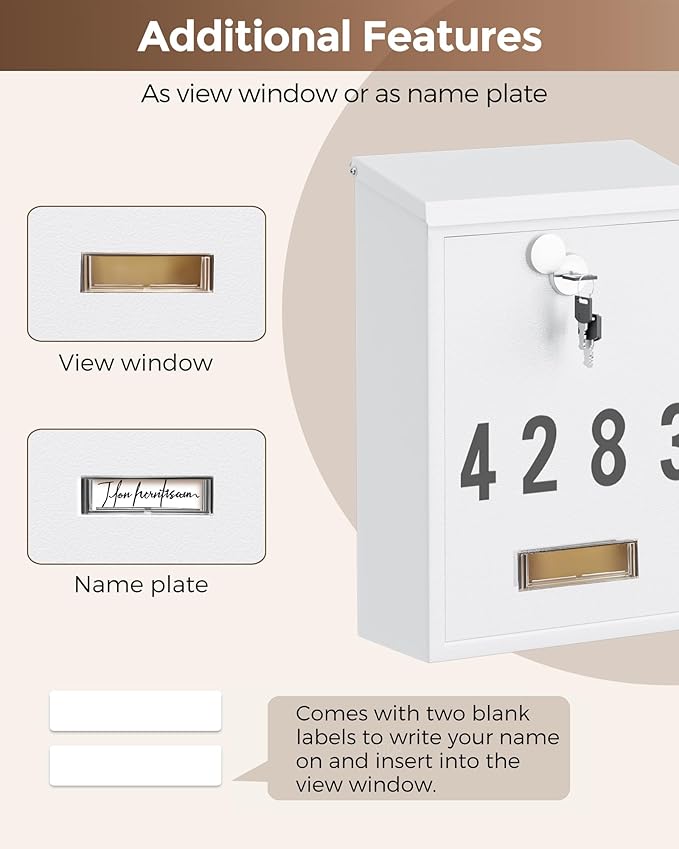 LAND·VOI Locking Wall-Mount Mailbox for Outside, with 4 Keys, Galvanized Steel Rustproof Metal Postbox, 3.1" Dx7.5 Wx10.8 H, Includes 3 Sets of Mailbox Numbers, Nameplate,White
