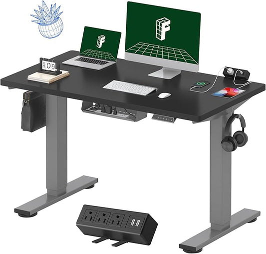 FLEXISPOT EN2 Whole-Piece Standing Desk with Clamp Power Strip, 48 x 24'' Electric Stand Up Height Adjustable Desk with Cable Management (Gray Frame + 48" Black Desktop, 2 Packages)