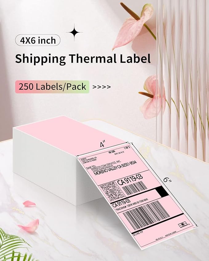 JADENS 4X6 Thermal Direct Shipping Label Compatible with JADENS MUNBYN, IDPRT, Rollo, Postage Label Paper for Small Businesses, 250 Labels/Pack, Pink