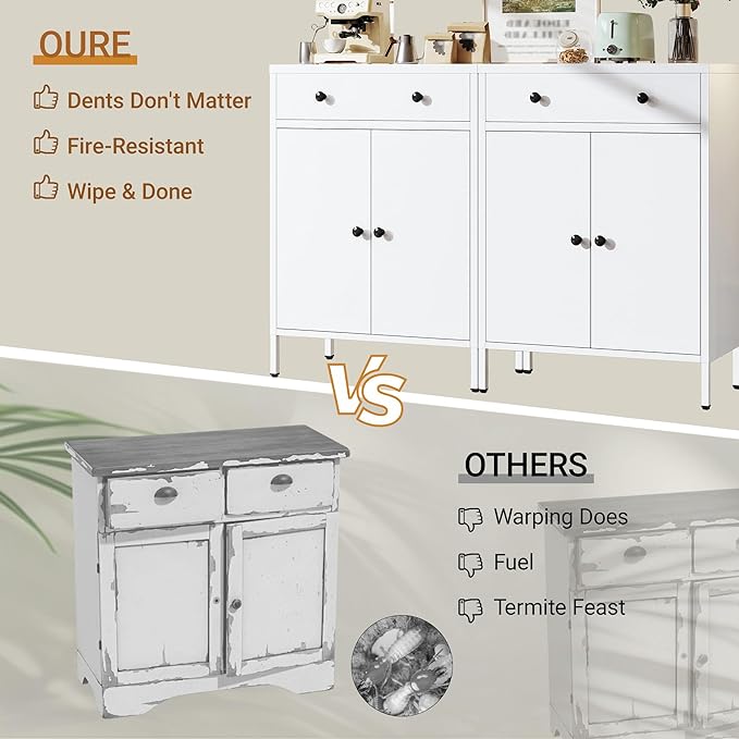 TaskStorz Metal Storage Cabinet with Drawer and Adjustable Shelf, White Steel Sideboard Buffet Cabinet, 35.4" H Coffee Bar Cabinet for Kitchen, Dining Room, Entryway