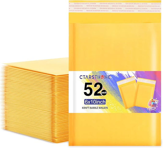 Ctarsthome 52Pack Yellow 6x10inch Kraft Bubble Mailers Small Business Mailing Packages Self-Sealing Paper Envelopes, Mailer Shipping Padded Envelopes with Strong Adhesion for Jewelry Makeup Supplies