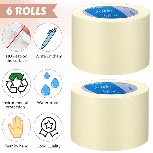 Fainne Masking Tape Bulk General Purpose Masking Painting Tape 55 Yards for Painting Home Office School Stationery Arts Crafts Basic Use, Easy Removal(6 Rolls,3 Inch)