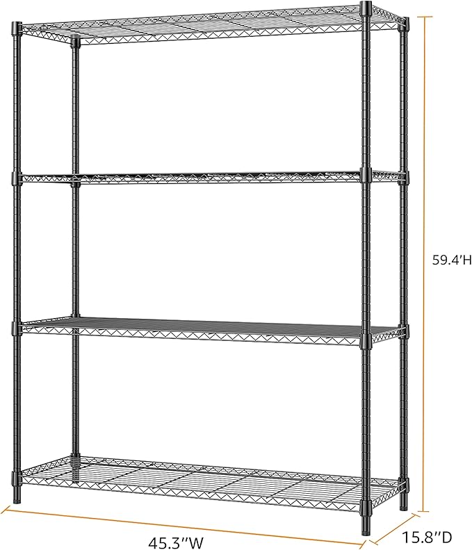 M MZG 1400 lbs 4 Tier Storage Rack Metal Wire Shelving Unit, Storage Standing Household Shelf Organizer for Kitchen Pantry Closet Garage Basement Utility Room, Black 15.8" D x 45.3" W x 59.4" H
