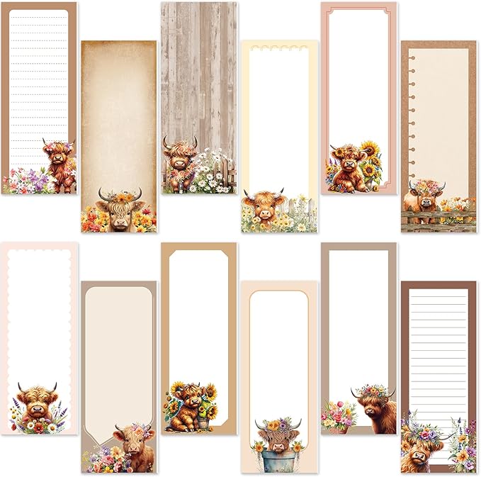 Gersoniel 12 Packs Magnetic Notepads for Refrigerator Monthly Grocery Magnetic List Set to Do List Pads Back Memo Notepad 9 x 3.5 Inches for Fridge Kitchen Shopping Grocery(Brown,Highland Cattle)