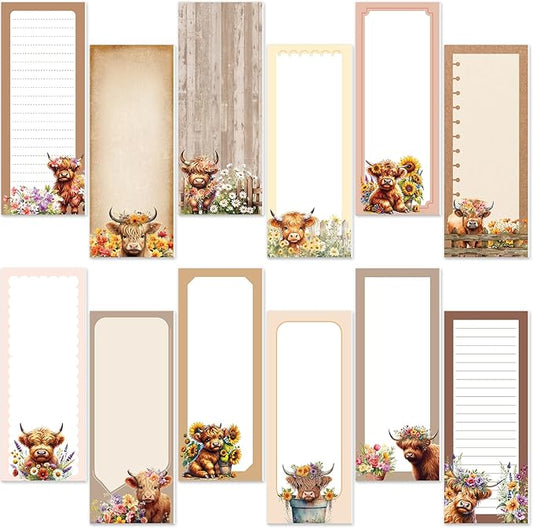 Gersoniel 12 Packs Magnetic Notepads for Refrigerator Monthly Grocery Magnetic List Set to Do List Pads Back Memo Notepad 9 x 3.5 Inches for Fridge Kitchen Shopping Grocery(Brown,Highland Cattle)