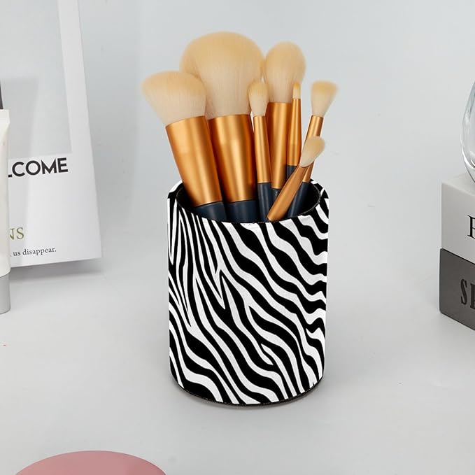 Leather Pen Holder for Desk Zebra Print Pencil Cup Desktop Organizer Makeup Brush Holders Office Supplies for Home, Kids & School