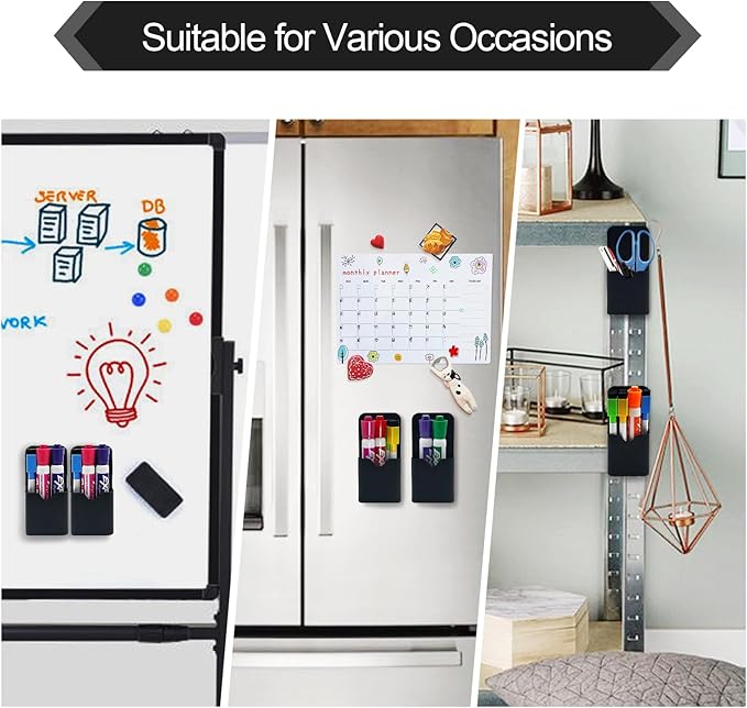 VieFantaisie 2 PCS Magnetic Pen Marker Holder, Magnetic Dry Erase Marker Holder, Magnet Pen Pencil Storage for Fridge, Whiteboard, School, Office, Home, Black
