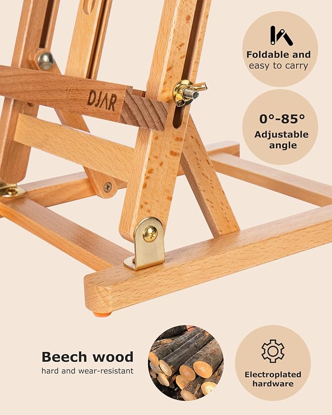 DJAR 25" Tabletop Easel for Painting, Adjustable Beech Wood Table Top Wooden Painting Easel, Portable Painting Display Drawing Stand for Teens, Adults, Students, Natural