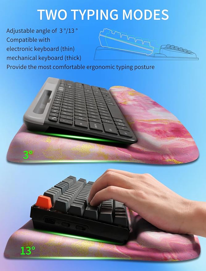 KUOSGM Ergonomic Wave Wrist Rest with Keyboard Stand, Cushioned Palm Rest, Comfortable Integrated Memory Foam for Natural Typing and Relieve Wrist Pain, Pink Gold Marble