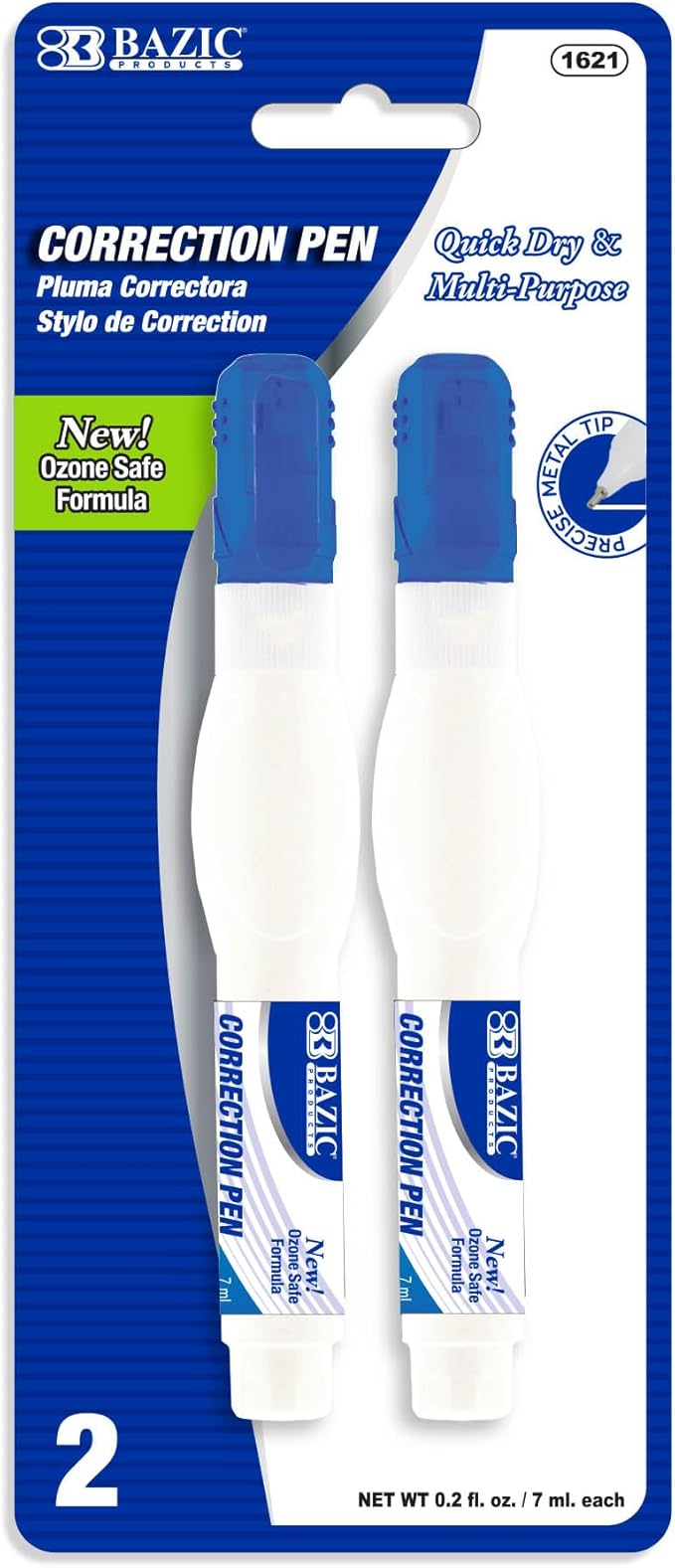 BAZIC Products Correction Pen - Corrections Fluid, Precise Metal Tip White Out, Ideal for School & Office Supplies, Alternative to Correction Solution, 2/Pack, 1-Pack
