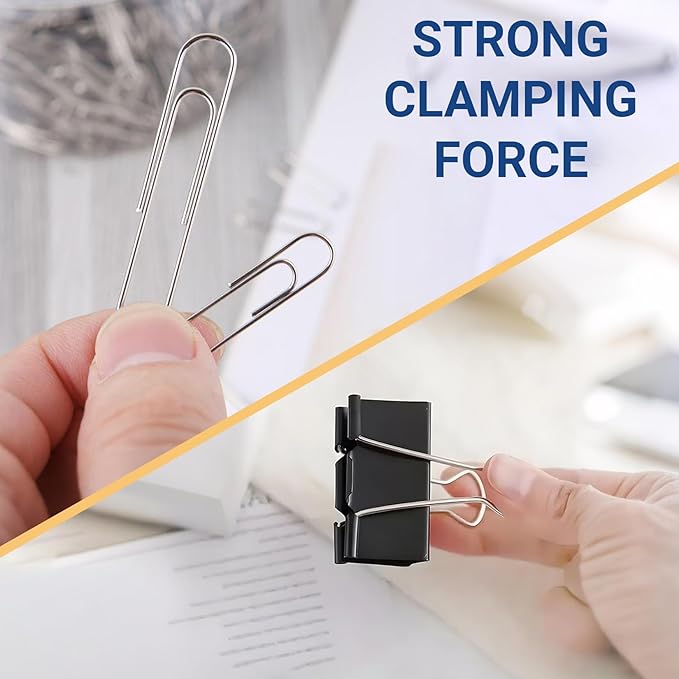 370 PCS Paper Clips and Binder Clips Set – Assorted Sizes Metal Clips (28-50mm Paper Clip + 15-25mm Binder Clip), Office Supplies for Home School