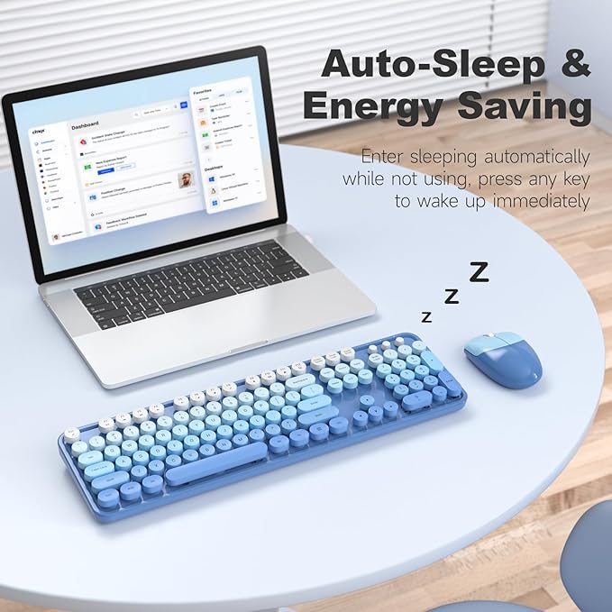 MOFII Wireless Keyboard and Mouse Combo, Full Size 2.4G Plug and Play Typewriter Retro Round Computer Keyboard and Mouse Set for Windows, Computer, Desktop, PC, Notebook - (Blue Gradient)