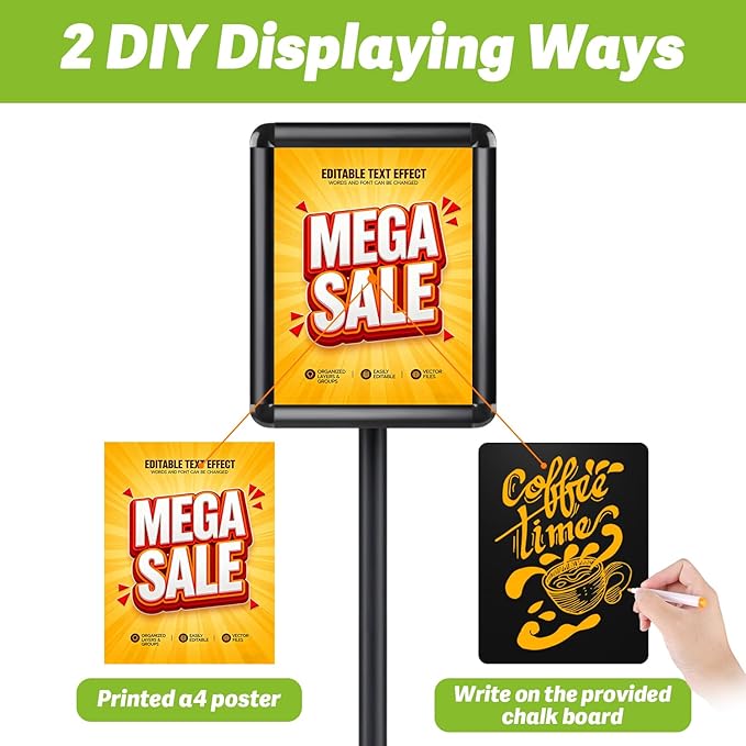 RedChili Floor Standing Sign Holder Stand for 8.5x11 Inches Poster or Chalk Board, Pedestal Sign Holder with Snap Open Frame 8.5" x 11",360° Rotation, Outdoor Indoor Standing Display Sign Holders for Advertising (Black, Round Corner)
