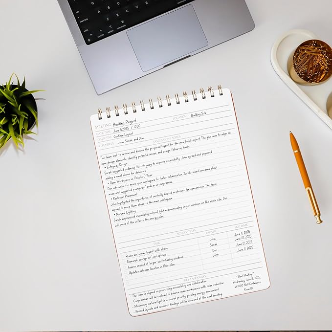 Merely Home | Meeting Notebook for Work | 8.25" x 11.75" | Project Planner | Simple Design | Multiple Layouts | Office and Business Planner (Rust, Meeting Planner - Portrait)