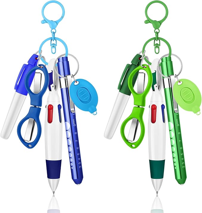 12 pcs Nurse Pen Set Two Colors Blue Green Include Permanent Marker Pen Pen Lights for Nurses Retractable Ballpoint Pen Nursing Keychain Clip Foldable Scissors LED Flashlight Keychain for Nurses
