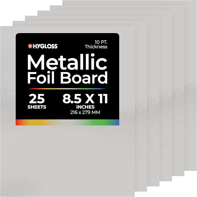 Hygloss Metallic Cardstock Sheets – 25 Matte Silver Sheets, 8.5” x 11” - Sturdy 10 pt. – Metallic Foil Board Paper for Crafts, Scrapbooking, Posters & Decorations