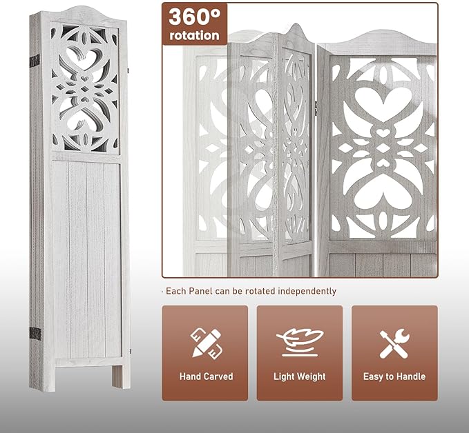 ALeesing 4 Panel Room Divider Fully Assembled, Carved Room Dividers and Folding Screens, 5.6Ft Wood Room Divider Screen Freestanding Partition Wall Dividers for Home Bedroom Office, Rustic White