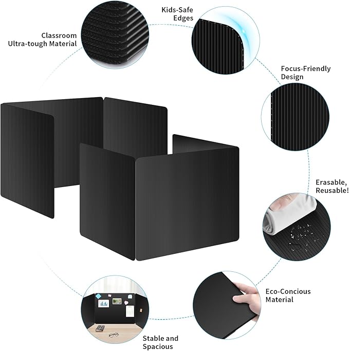 2 Pack Black Desk Dividers for Students, Privacy Shields Folder for Students, Durable & Waterproof Plastic Study Board, Classroom Teacher Supplies Test Divider, Includes Extra Labels