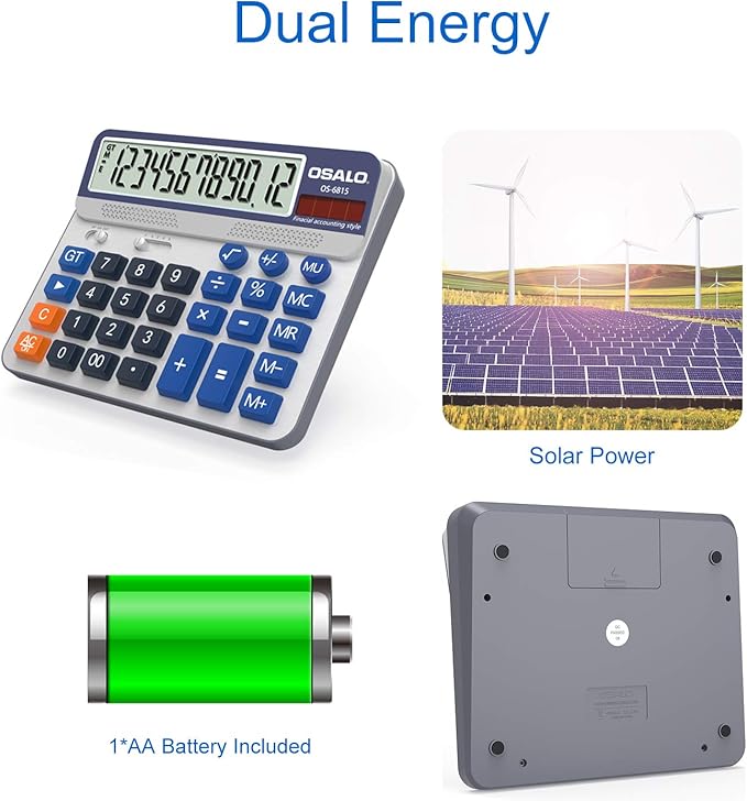 Desktop Calculator Extra Large 5-Inch LCD Display 12-Digit Big Number Accounting Calculator with Giant Response Button, Battery & Solar Powered, Perfect for Office Business Home Daily Use(6815-2pcs)