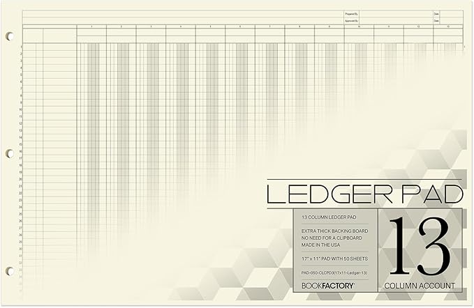 BookFactory Ledger Pad Large 13 Column Accounting Ledger Columnar (Thirteen Columns) Pads - 17'' x 11'', 50 Pages, Notepad Landscape Format (Made in USA)