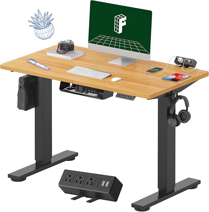FLEXISPOT EN2 Whole-Piece Standing Desk with Clamp Power Strip, 40 x 24'' Electric Stand Up Height Adjustable Desk with Cable Management (Black Frame + 40" Maple Top, 2 Packages)