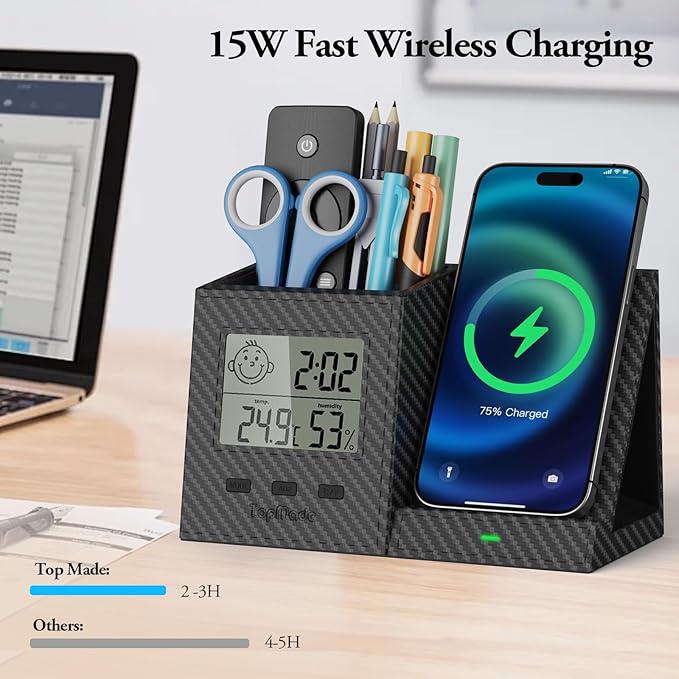 TopMade Wireless Charger with Pen Remote Holder, Multi-Functional Leather Nightstand Organizer Fast Charging Station, Digital Thermometer and Humidity Gauge, Desktop Storage (Black Carbon Fiber