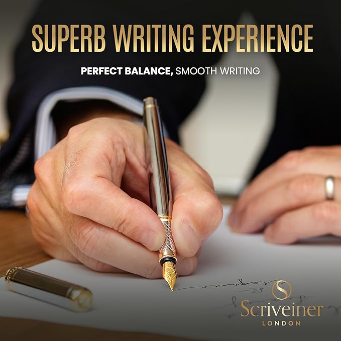 Scriveiner Personalized Silver Chrome Fountain Pen - Stunning Luxury Pen, Real Gold Plating, Schmidt Gilded Nib (Medium) Best Engraved Pen Gift Set for Men & Women, Custom Name Engraving