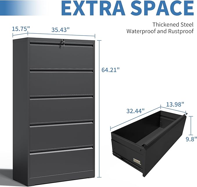 FLIXELIO 5 Drawer File Cabinets,Metal Office Storage Filing Cabinet with Lock, Lateral Filing Cabinet for Home Office, Horizontal Locking File Cabinet for Legal/Letter/A4, Assembly Required, Black