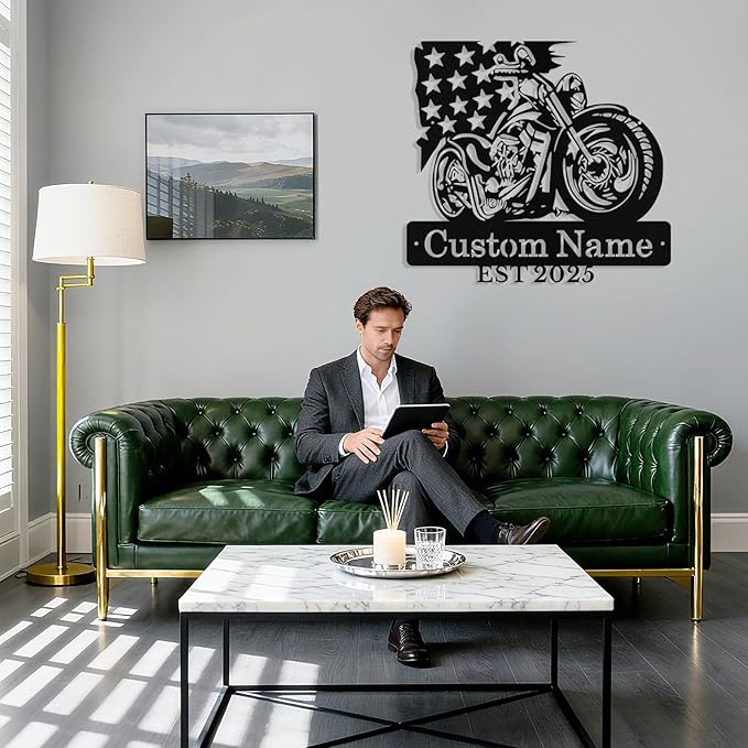 Custom US Flag Motorcycle Metal Signs Personalized Biker Name Sign Custom Garage Decor Motorbikes Wall Art Decor Motorcycle Sign Men Room Decorate Gifts for Men Husband Rider