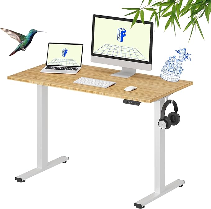 FLEXISPOT EN1 Bamboo Standing Desk, 48 x 24 Inches Whole-Piece Electric Height Adjustable Desk (White Frame + Bamboo Top, 2 Packages)