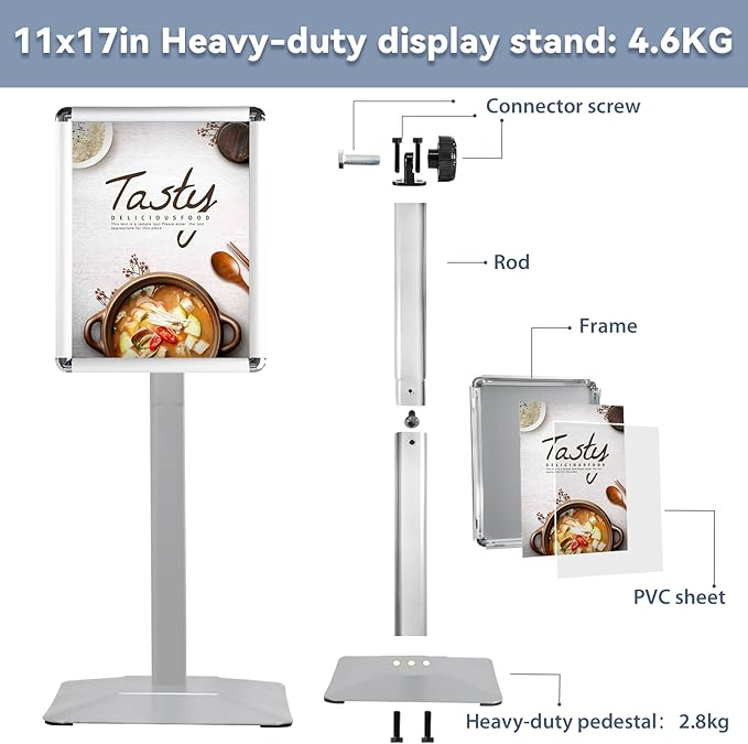 STANDNEE Heavy-duty Poster Stand Holder 11"x 17" Pedestal Floor Standing Sign Holder Vertical and Horizontal View Sign Display, Aluminum Snap Open Frame with Safety Corner, Silver