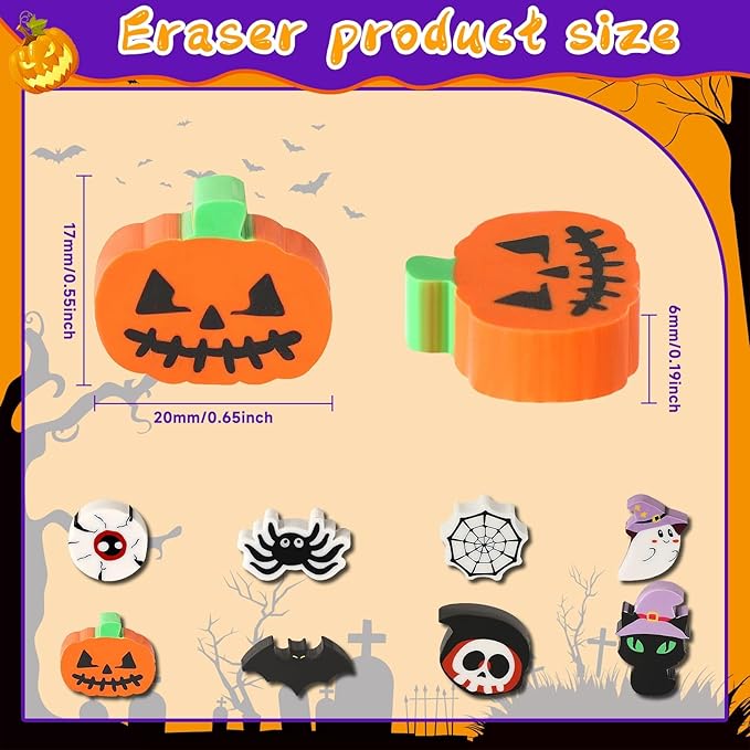 JULMELON 72PCS Halloween Party Favors Set,36PCS Halloween Pencils with 36PCS Ghost Pumpkin Skeleton Bat Spider Erasers, Wooden Pencils for School Classroom Office Party Reward Supplies
