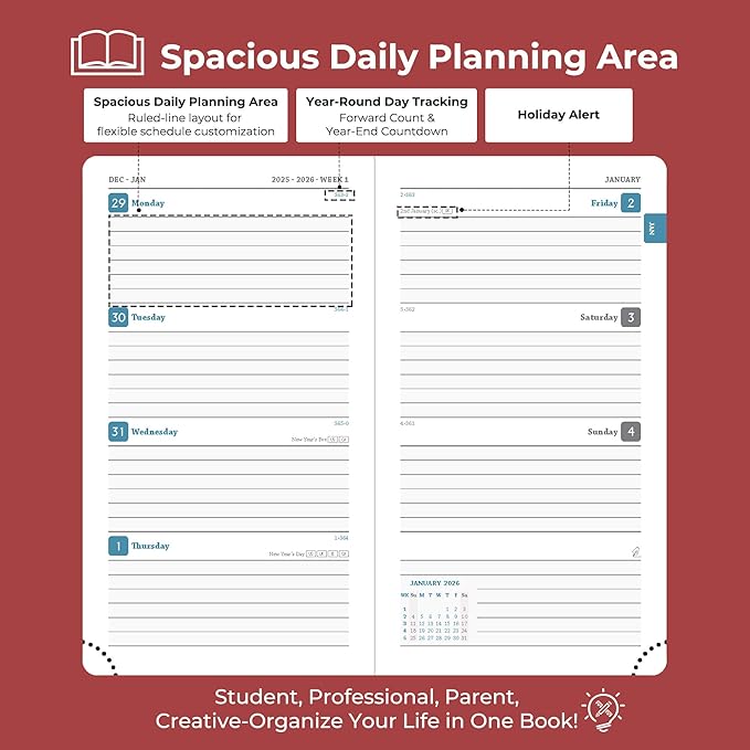 IN-LUXPRO Planner 2026 Daily Weekly and Monthly,6.5"x3.75",12 Months Spiral Bound Calendar Agenda with Self-adhesive Pen Holder,2026 Appointment Book with Vegan Leather Soft Cover,Red
