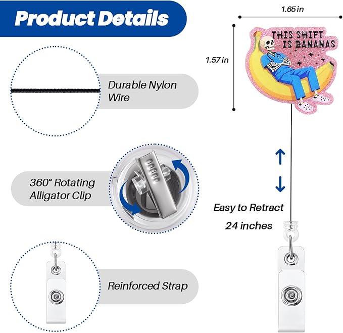 This Shift is Bananas Funny Skeleton Nurse Badge Reel, Pink Cute Radiology X-Ray Tech Retractable ID Badge Holder, Name Tag Badge Clip for RN CT ED ICU ER RAD Night Shift Nurse Radiologist Workers