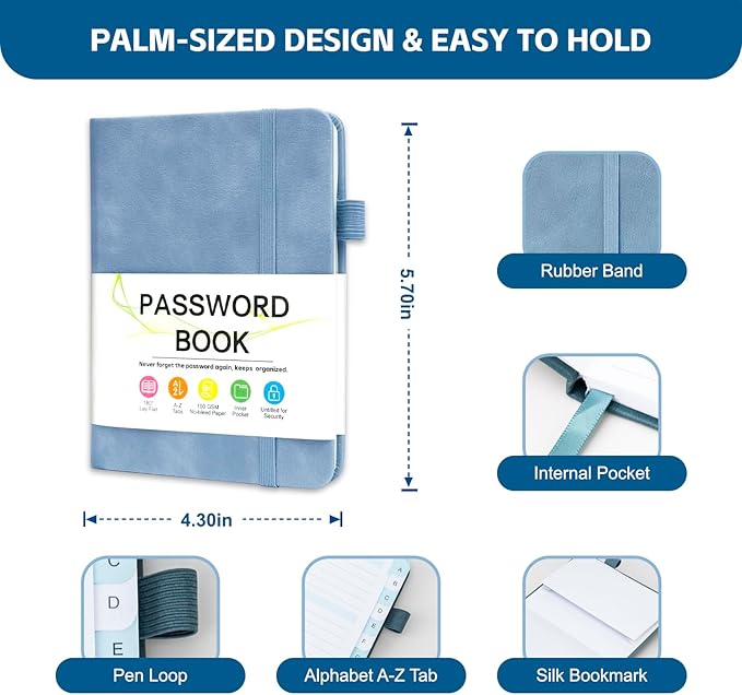 Password Keeper Book with Alphabetical Tabs，4.3"x5.7" Small Password Books for Seniors Password Notebook for Internet Website Address Log in Detail (Blue)